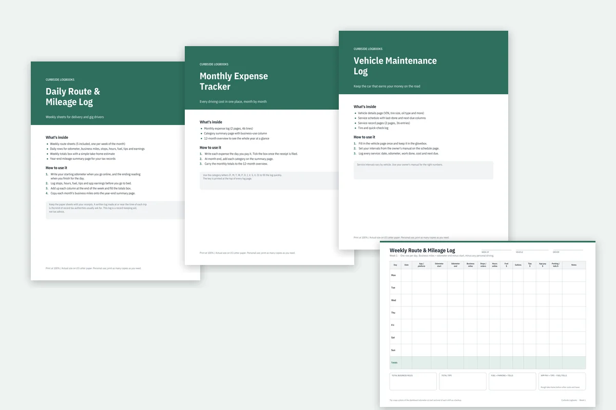 Preview of the 3-pack: route and mileage log, monthly expense tracker and vehicle maintenance log