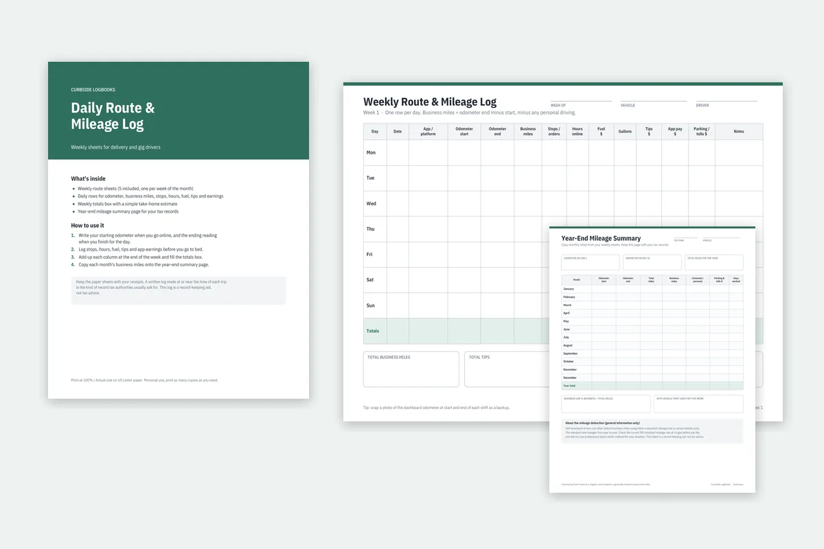 Preview of the Daily Route and Mileage Log: cover, weekly sheet and year-end summary